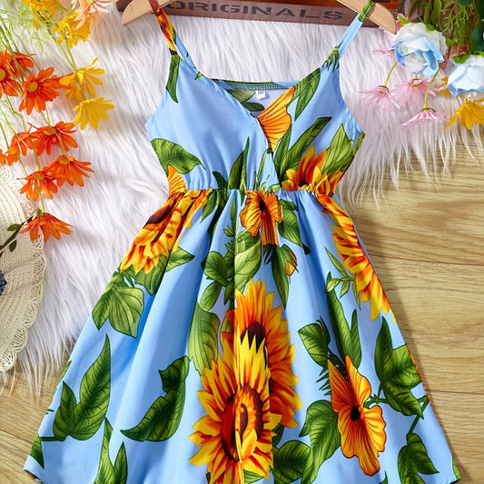 Toddler Girls Sunflower Surplice Neck Cami Dress Party Beach Vacation