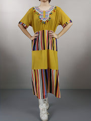 Retro Abaya Dress Women's Plus Colorful Striped Tassel Decor