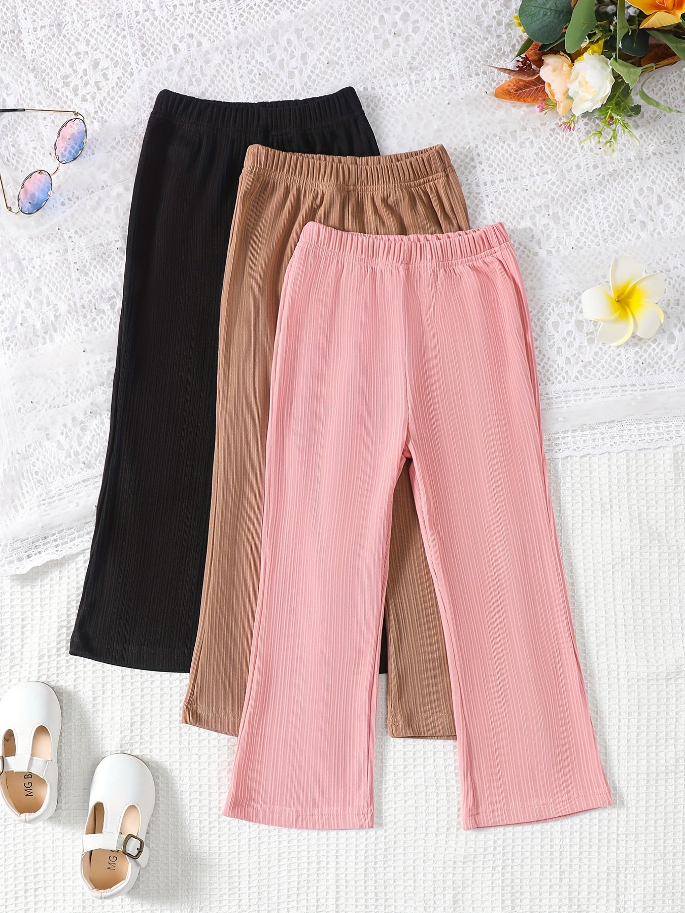 3 Pack Girls Casual Flared Pants Plain Colors Summer Comfort
