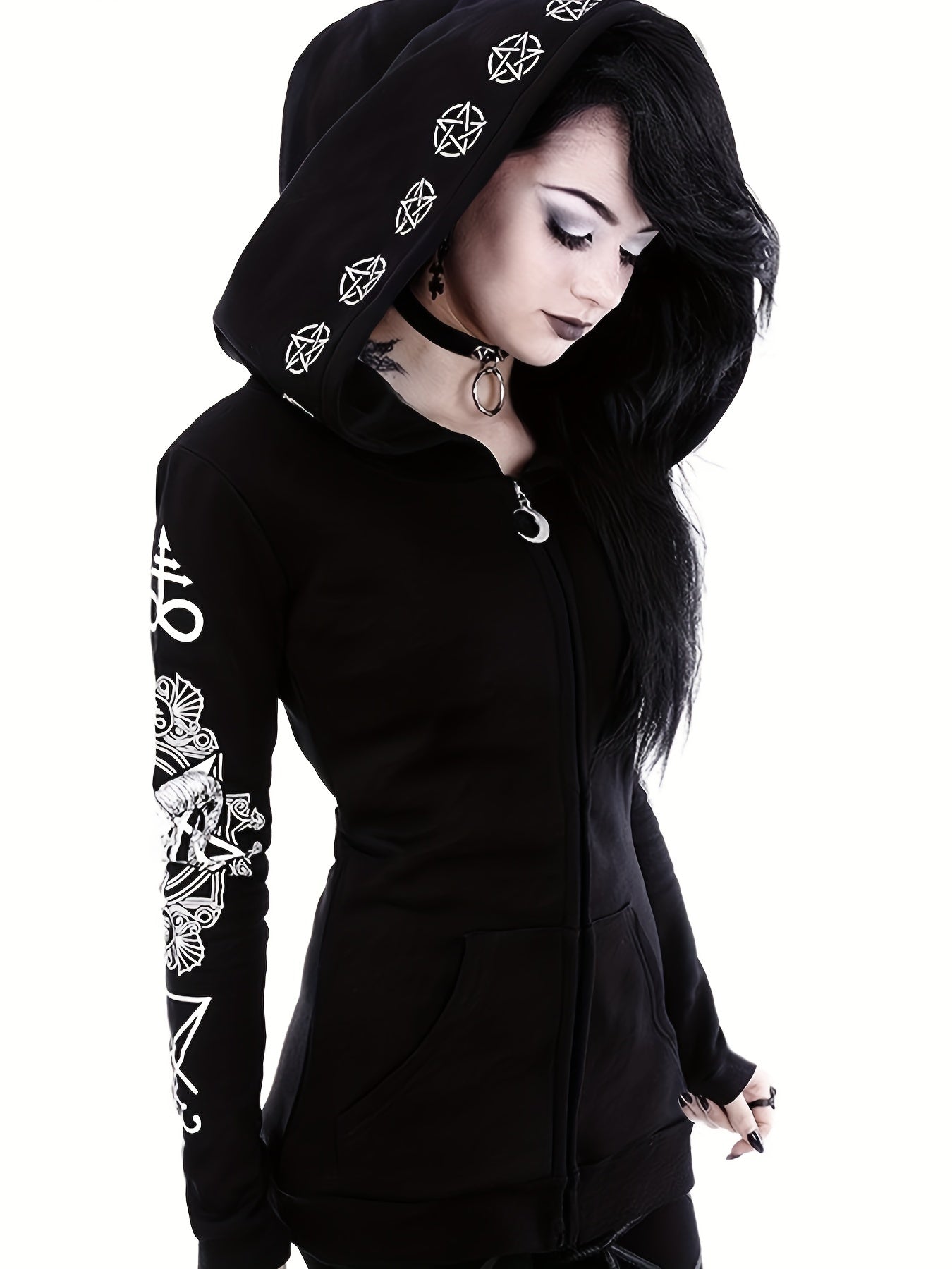 Gothic Hoodie Sun Moon Print Sweatshirt Punk Goth Clothes Long Sleeve