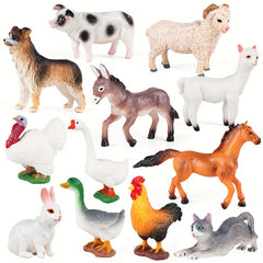 Realistic Farm Animal Set - 12pcs PVC Model Pigs Turkeys Sheep Rabbits