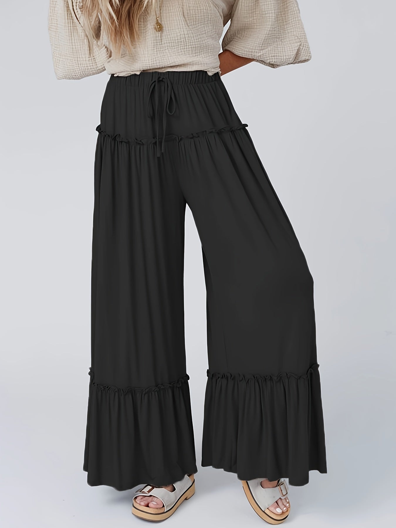 Elastic Drawstring Wide Leg Trousers