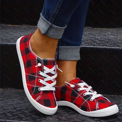 Red Plaid Canvas Shoes Lace Up Flat Sneakers Lightweight Low Top Shoes
