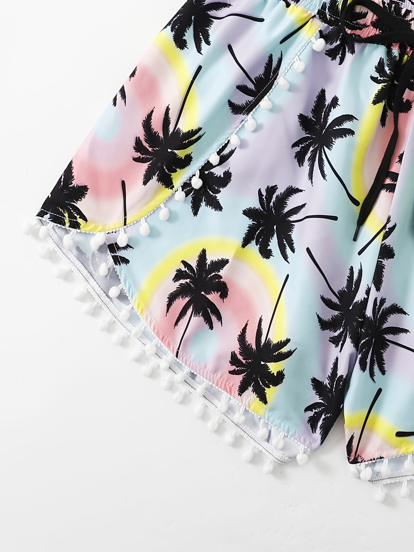 Vacay Shorts Women's Plus Pompom Trim Tree Print Drawstring Shorts