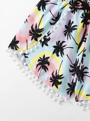 Vacay Shorts Women's Plus Pompom Trim Tree Print Drawstring Shorts
