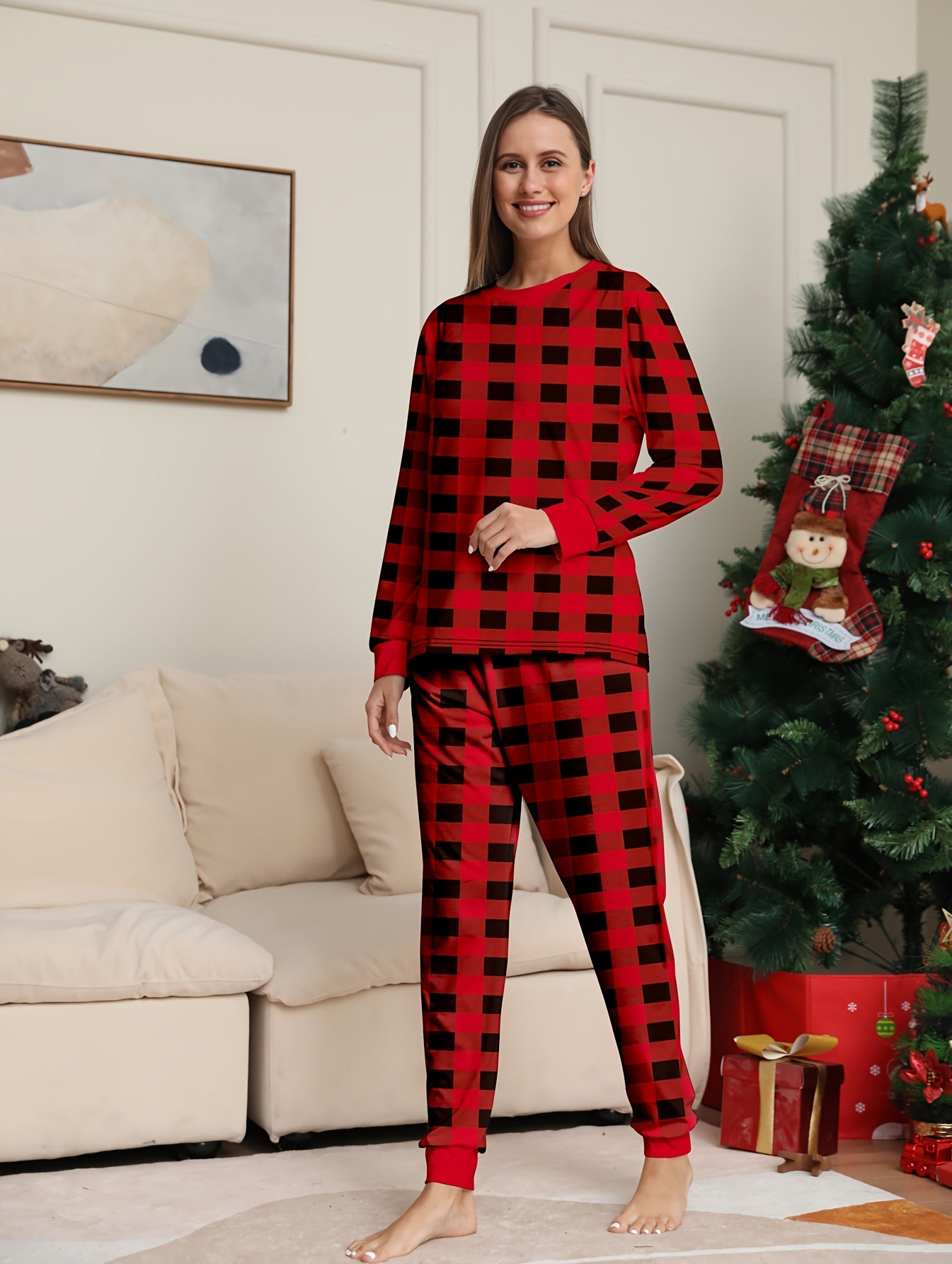 Plaid Print Christmas Pajama Set Long Sleeve Top & Pants Women's Sleepwear