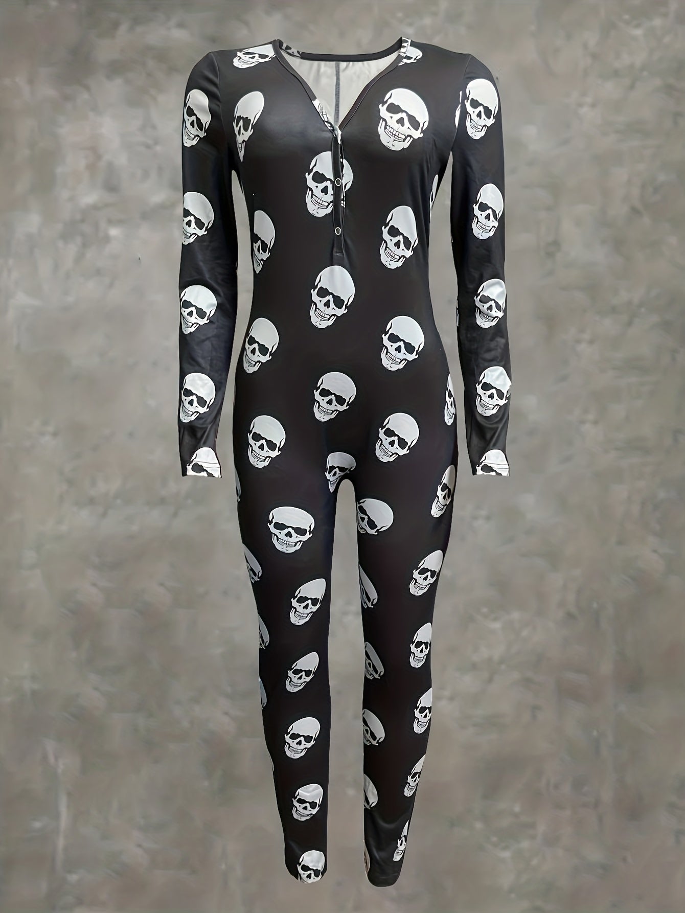 Skull Print Button Front Jumpsuit Long Sleeve Slim Fit Women's Clothing