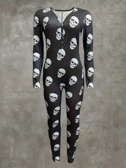 Skull Print Button Front Jumpsuit Long Sleeve Slim Fit Women's Clothing