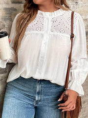 Blouse Women's Solid Eyelet Embroidery Mock Neck Shirt