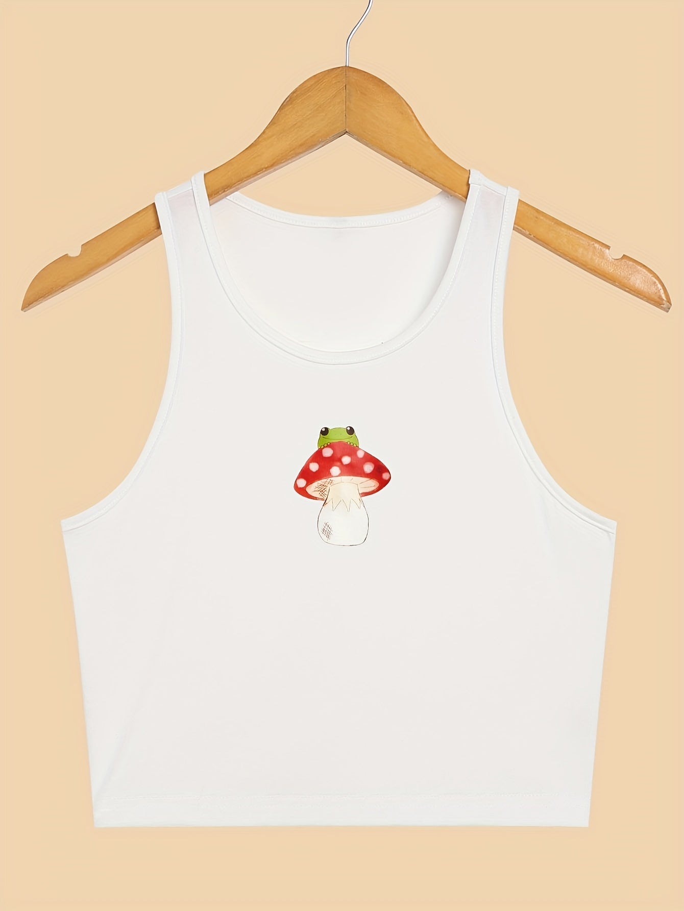 Mushroom & Frog Print Crop Tank Top Sleeveless Casual Top