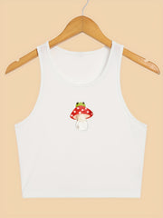 Mushroom & Frog Print Crop Tank Top Sleeveless Casual Top
