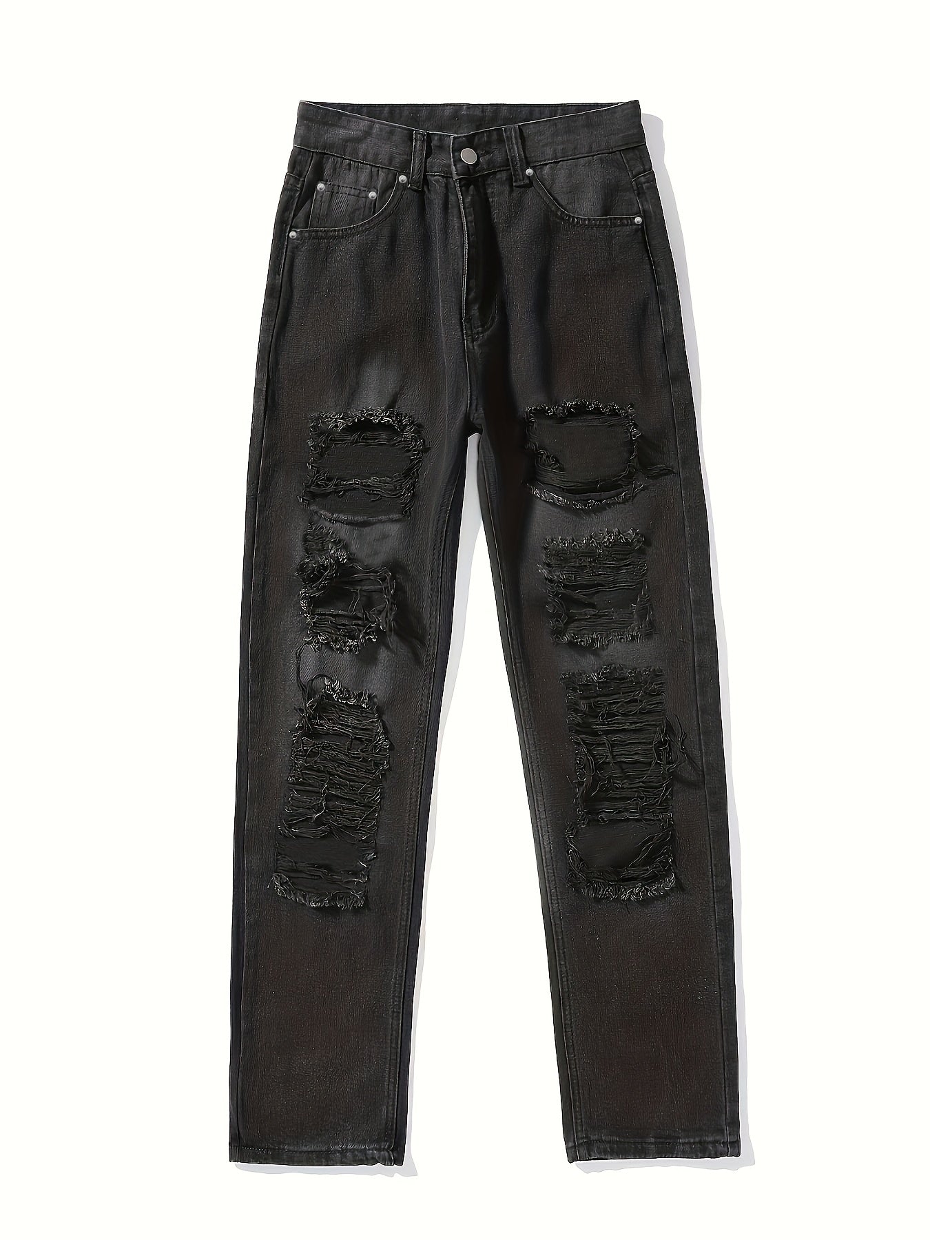 High Waist Ripped Straight Jeans Distressed Loose Fit Denim Pants