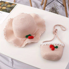 Girls Cherry Straw Sun Hat And Bag Set Lace Trim For Summer Kids