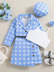 Girl's 4pcs Plaid Blazer & Beret Hat Set