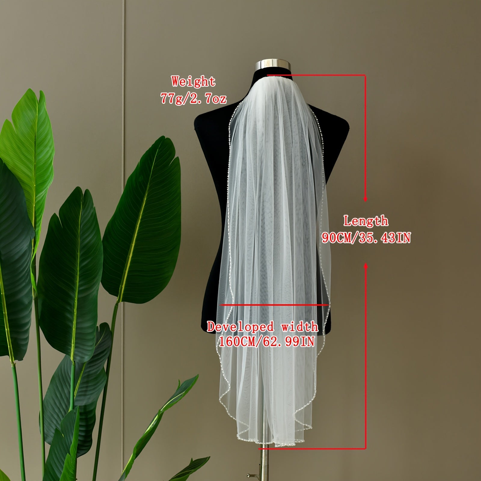 Beaded Bridal Veil Long Finger Length Bridal Gown with Beaded Edges