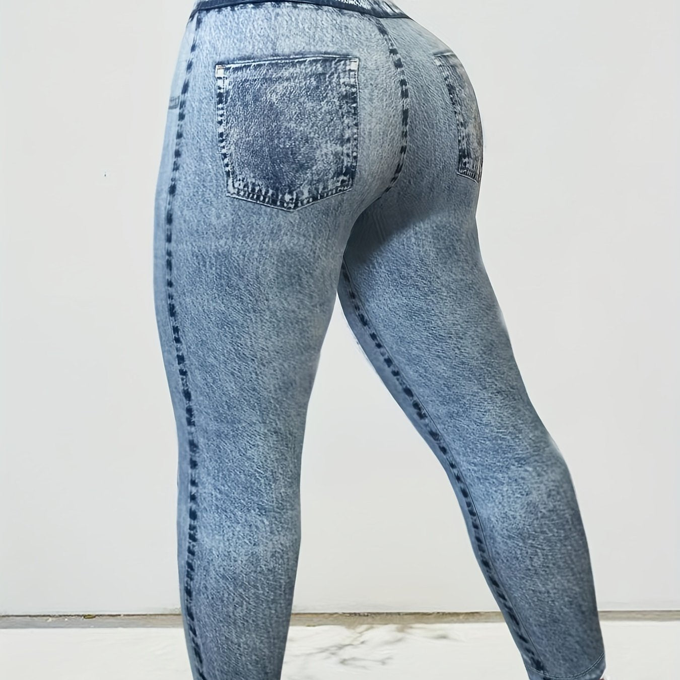 Denim Print High Waisted Plus Size Leggings for Women, Tummy Control Yoga Pants