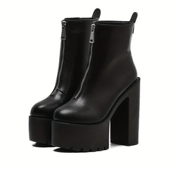 Women's Block Heel Boots Front Zipper Platform Shoes