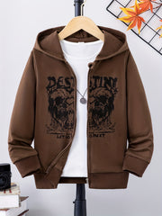 Funny Skull Print Boys Zip Up Hoodie with Pockets