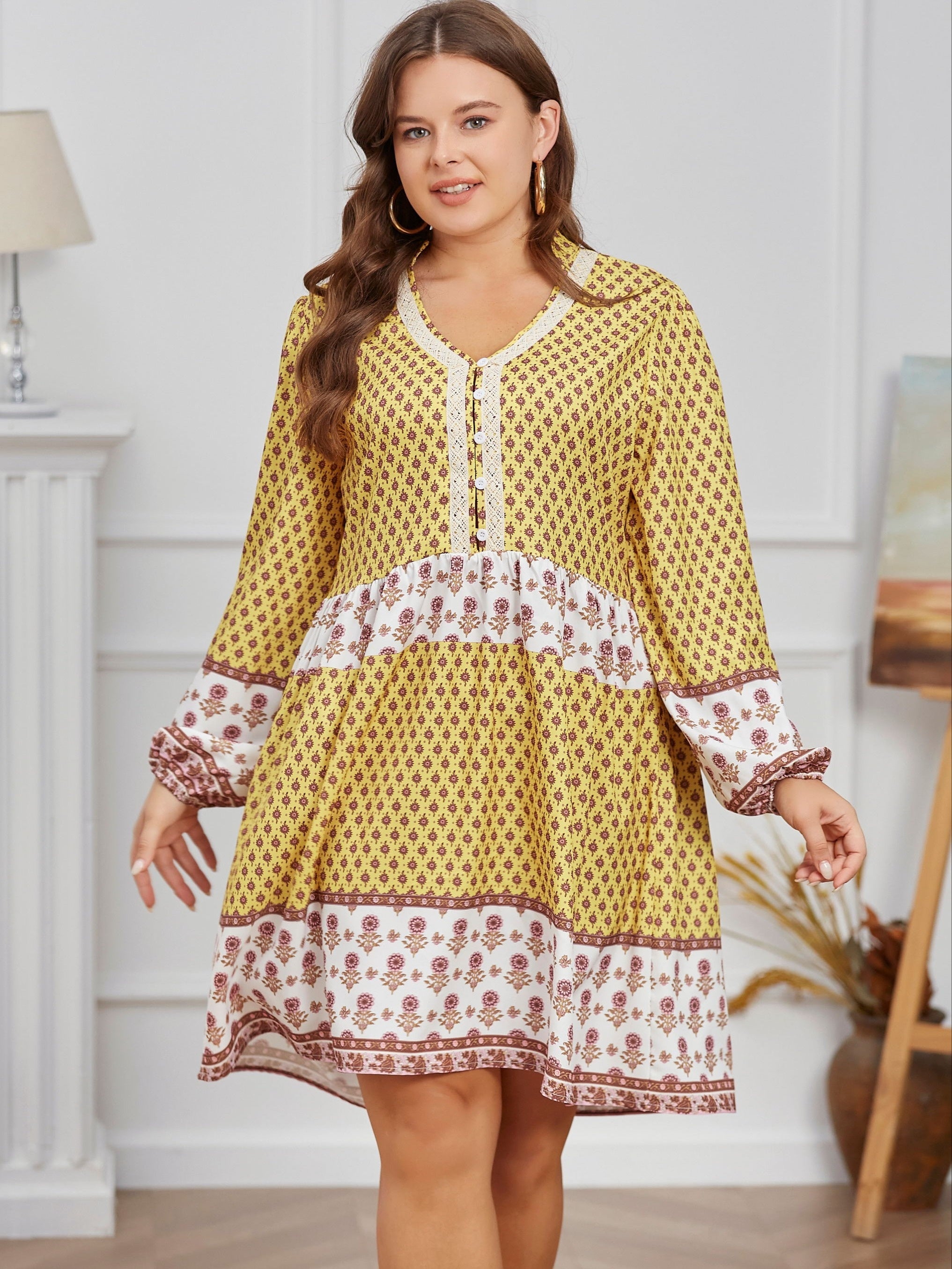 Boho Dress Women's Plus Colorblock Floral Print Long Sleeve V Neck