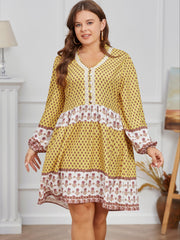 Boho Dress Women's Plus Colorblock Floral Print Long Sleeve V Neck