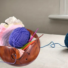 Wooden Yarn Bowl Crochet Wool Thread Storage Holder Carved Hole