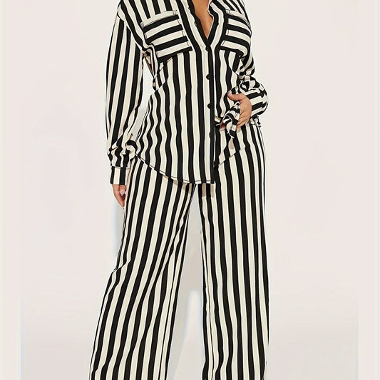 Stripe Print Blouse & Pants Outfits 2 Piece Set