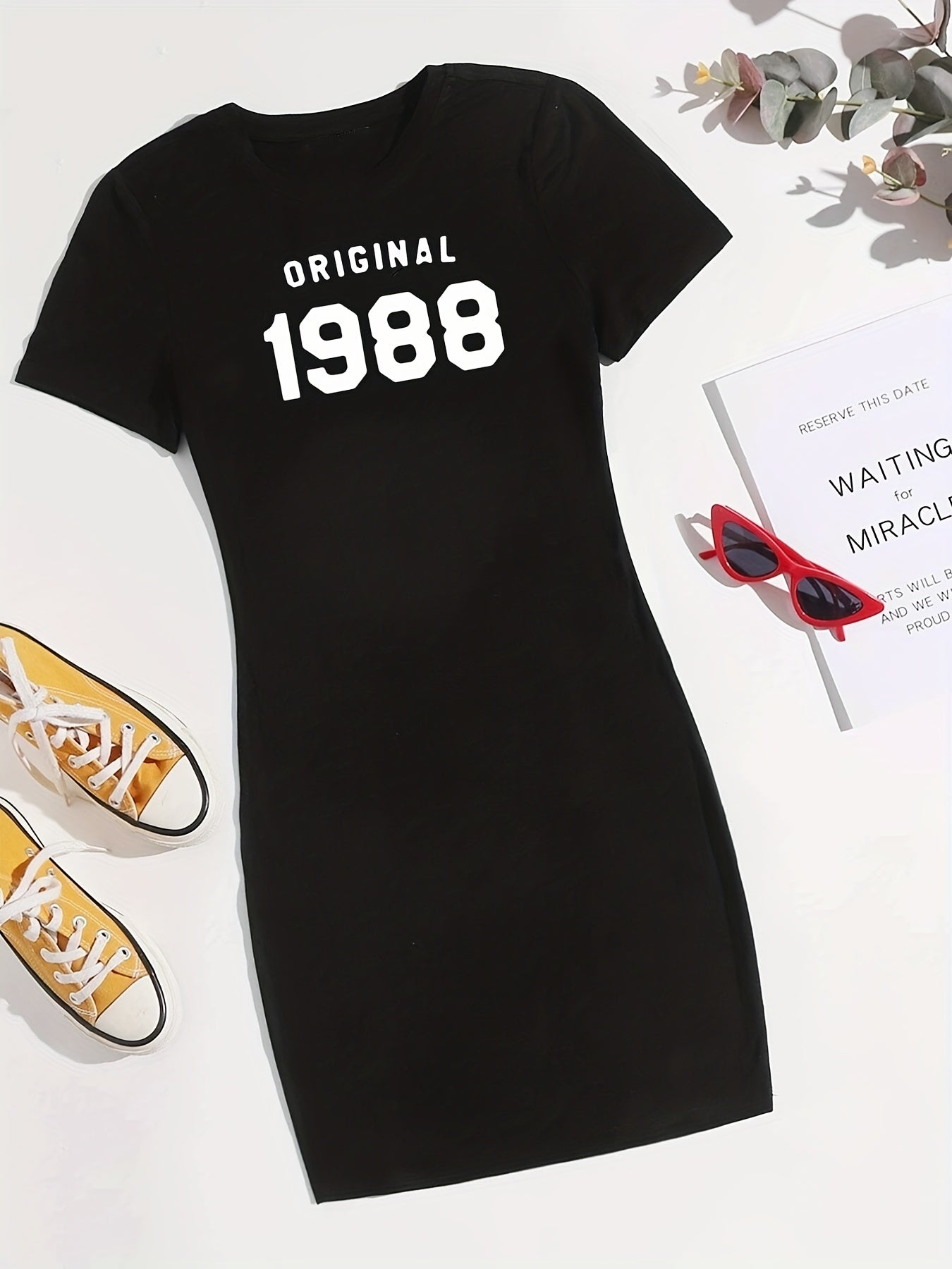 Letter Print Bodycon Dress Casual Crew Round Neck Short Sleeve Dress