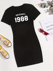 Letter Print Bodycon Dress Casual Crew Round Neck Short Sleeve Dress