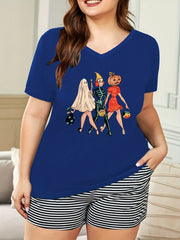 Plus Size Funny Ghost & Skull & Pumpkin Print Short Sleeve V Neck Pajama Top