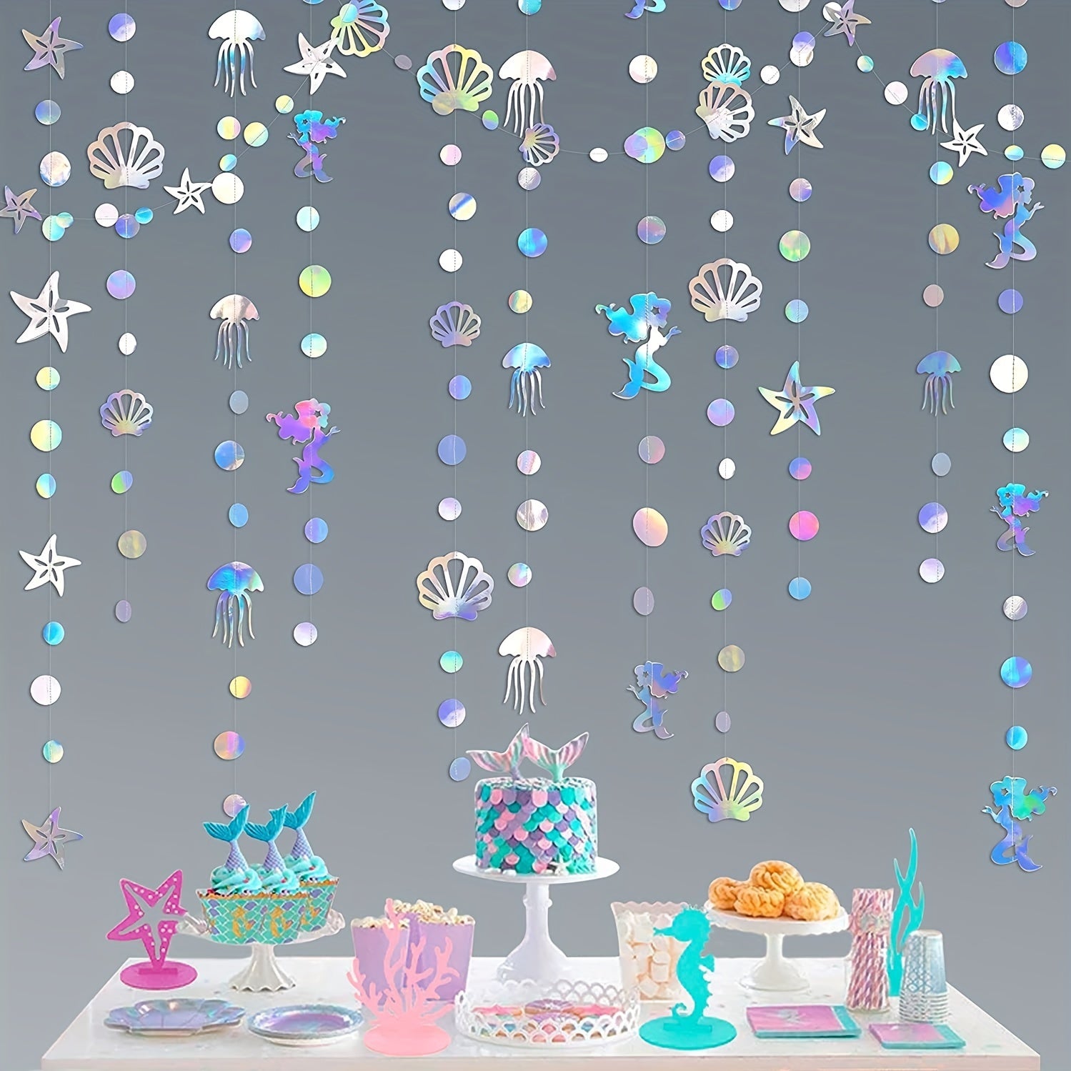 4M Iridescent Mermaid Garland Jellyfish Sea Star Pearl Holographic Streamer