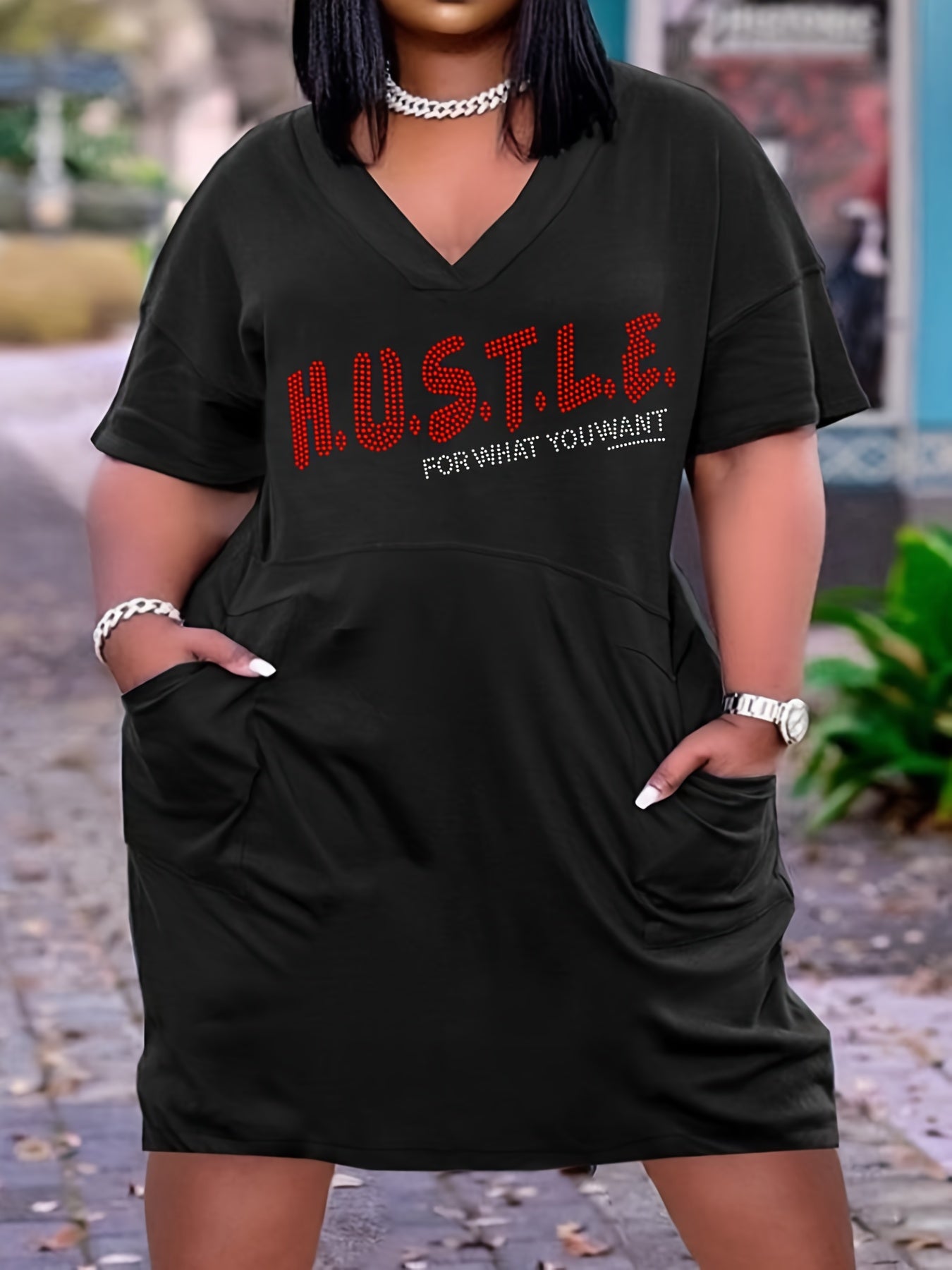 Casual Tee Dress Women's Plus Rhinestone Letter Short Sleeve