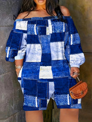 Denim Print Off Shoulder Half Sleeve Romper With Pockets