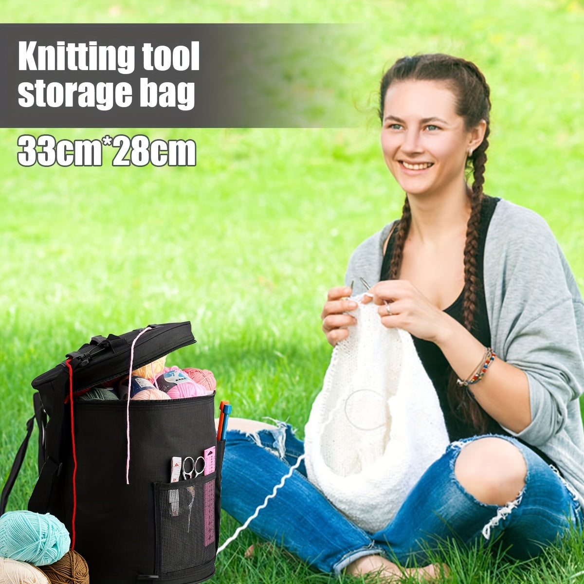 Large Capacity Yarn Storage Bag Barrel Shaped Knitting Organizer Bag