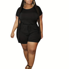 Solid Short Sleeve Round Neck Plus Size Romper