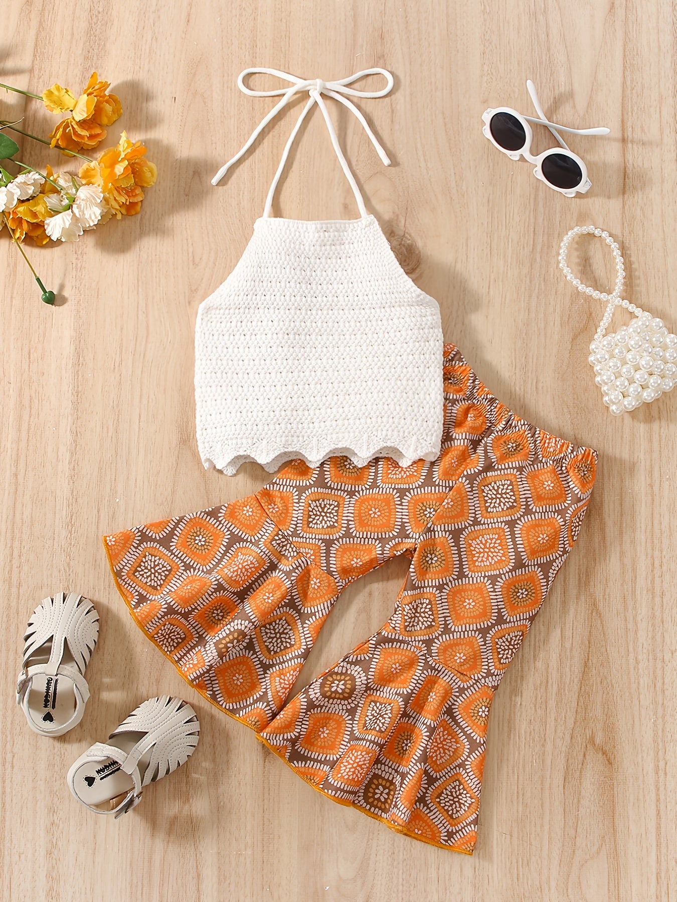 2pcs Baby Girls Knit Halter Top & Flared Pants Set