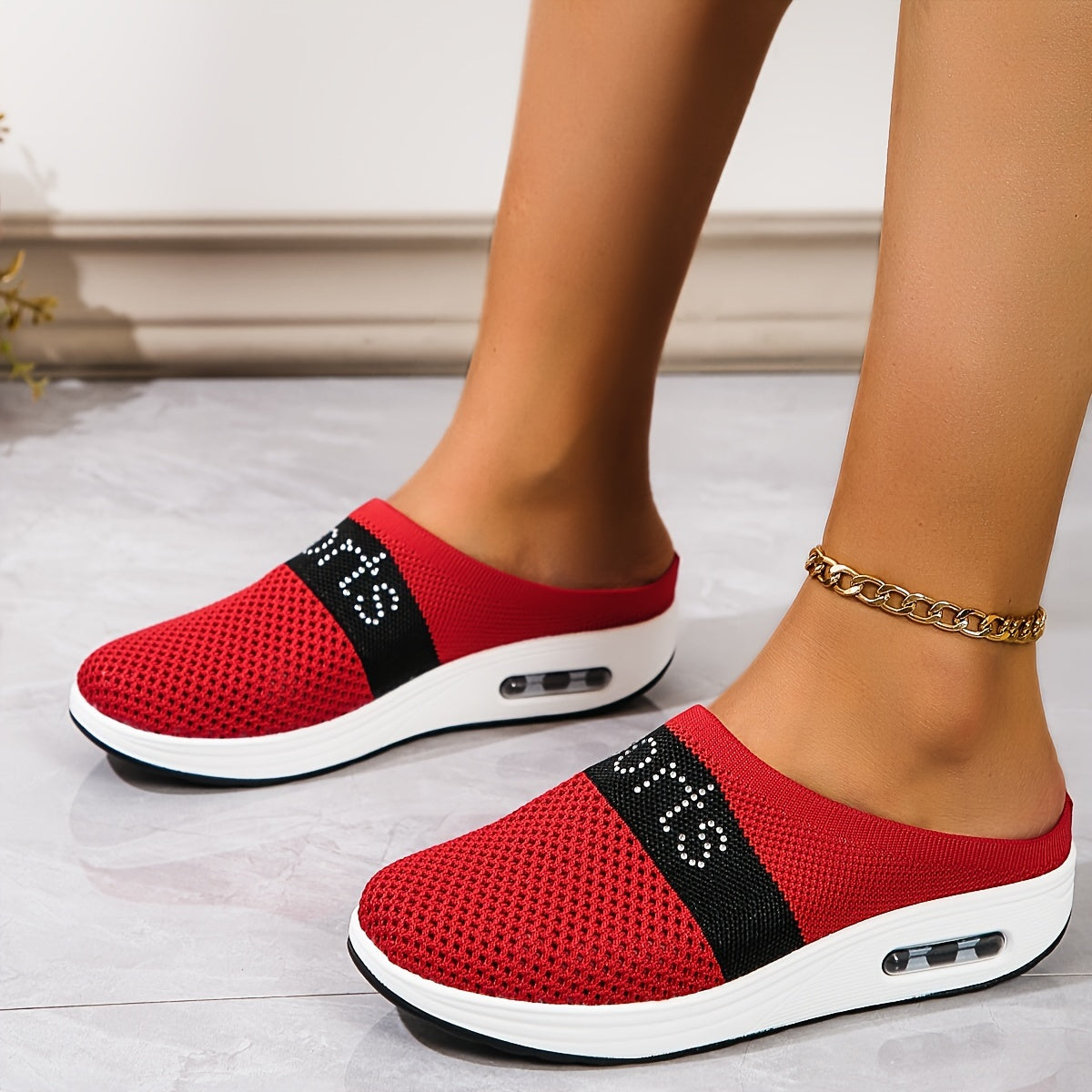 Women's Rhinestone Letter Sport Slippers Breathable Mesh Chunky Sneakers