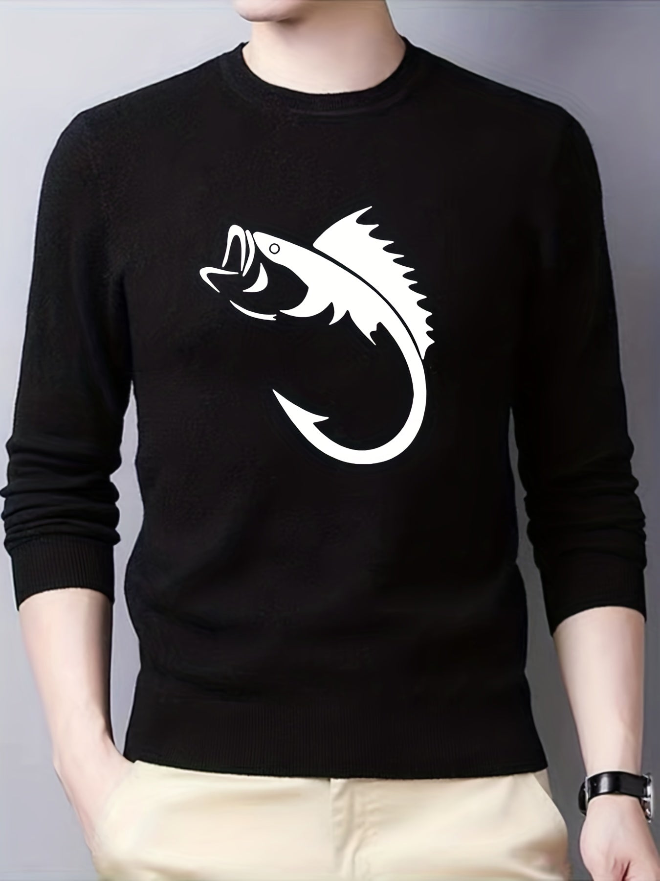 Fish Pattern Knitted Sweater Men's Casual Warm Pullover for Fall Winter
