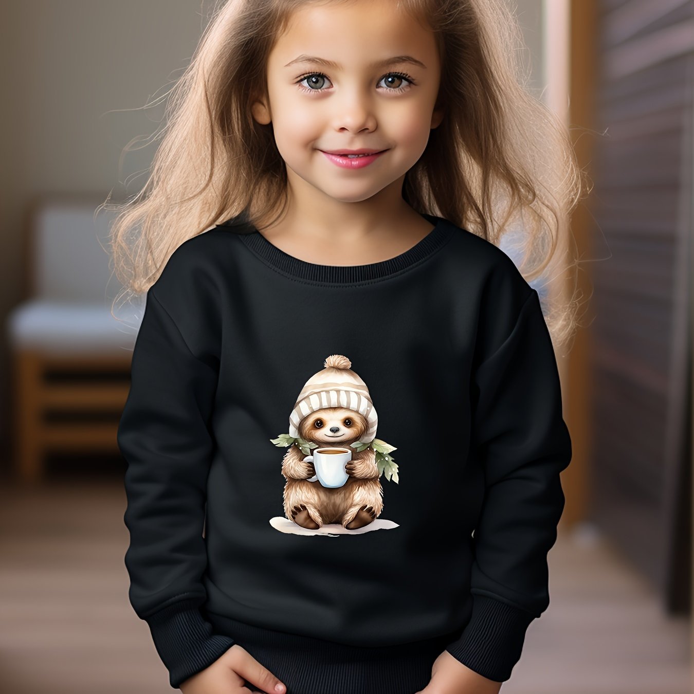 Cartoon Koala Pattern Crew Neck Long Sleeve Sweatshirt Pullover For Girls Kids