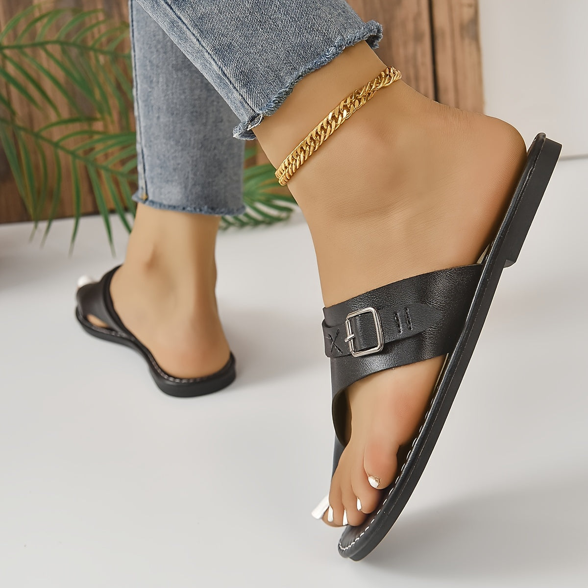 Women's Flat Beach Sandals Faux Leather Slippers
