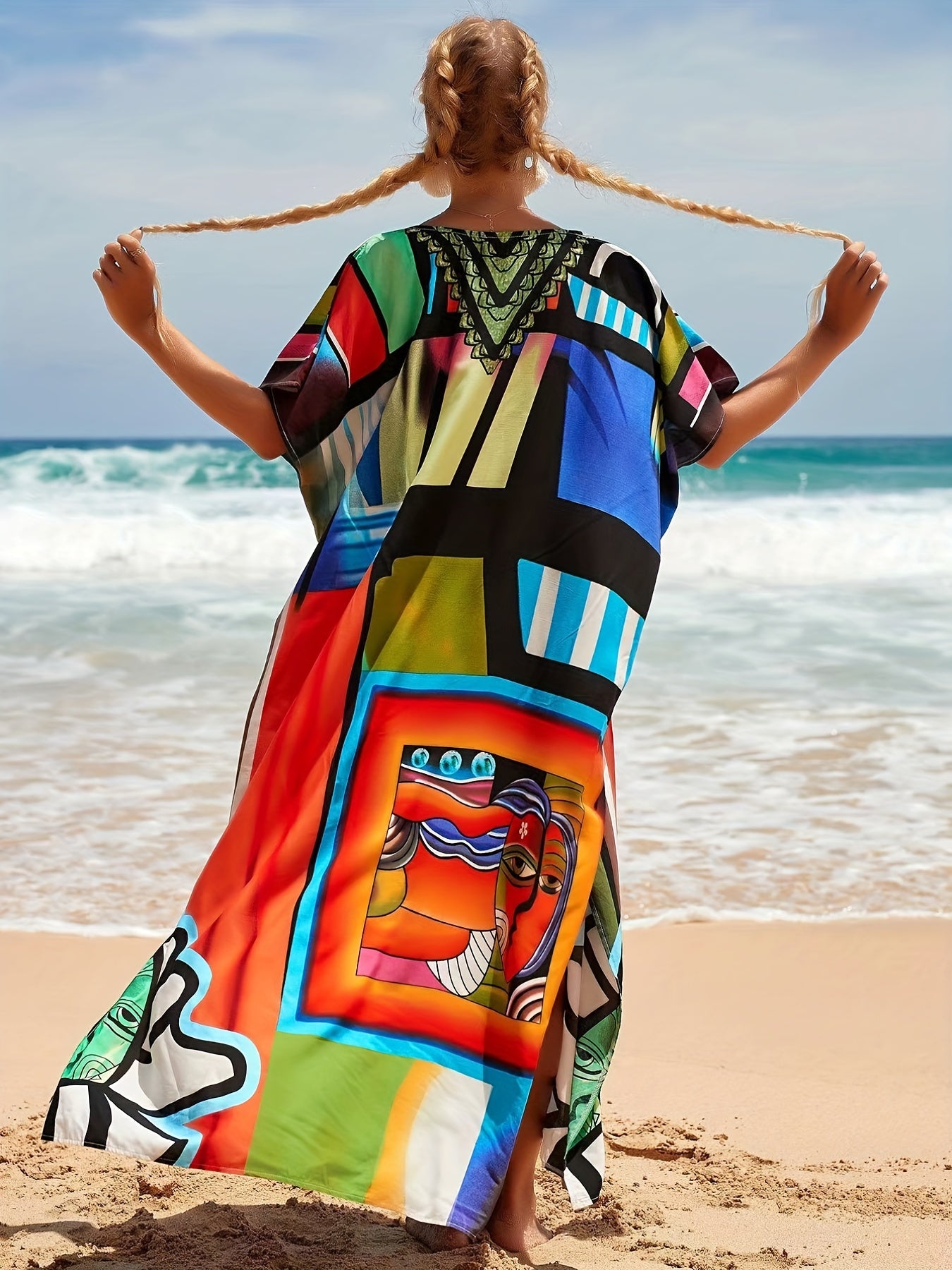 Colorful Abstract Art V Neck Cover Up Dress Kaftan