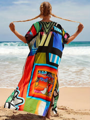 Colorful Abstract Art V Neck Cover Up Dress Kaftan