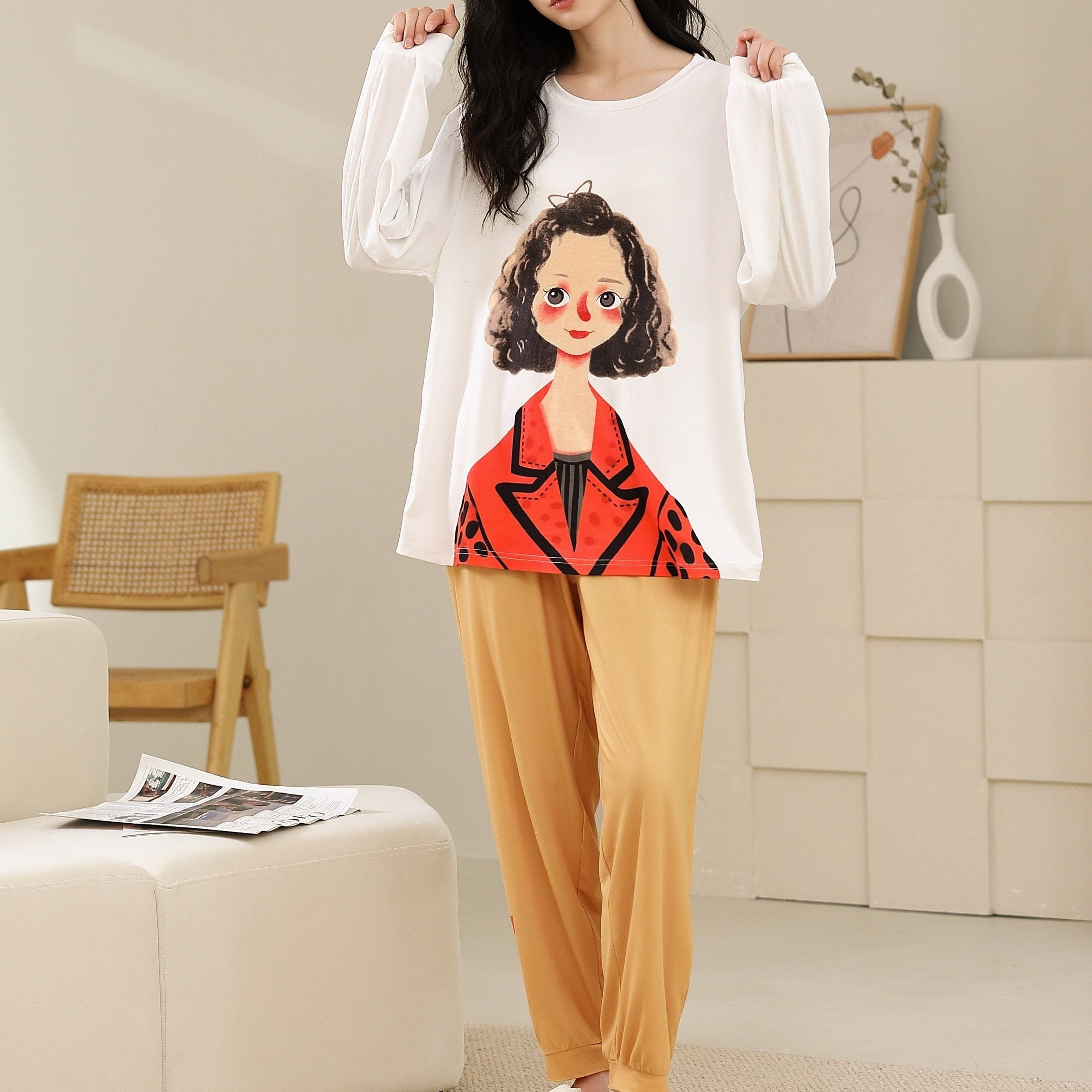 Cartoon Print Pajama Set Crew Neck Top & Pants