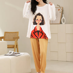 Cartoon Print Pajama Set Crew Neck Top & Pants