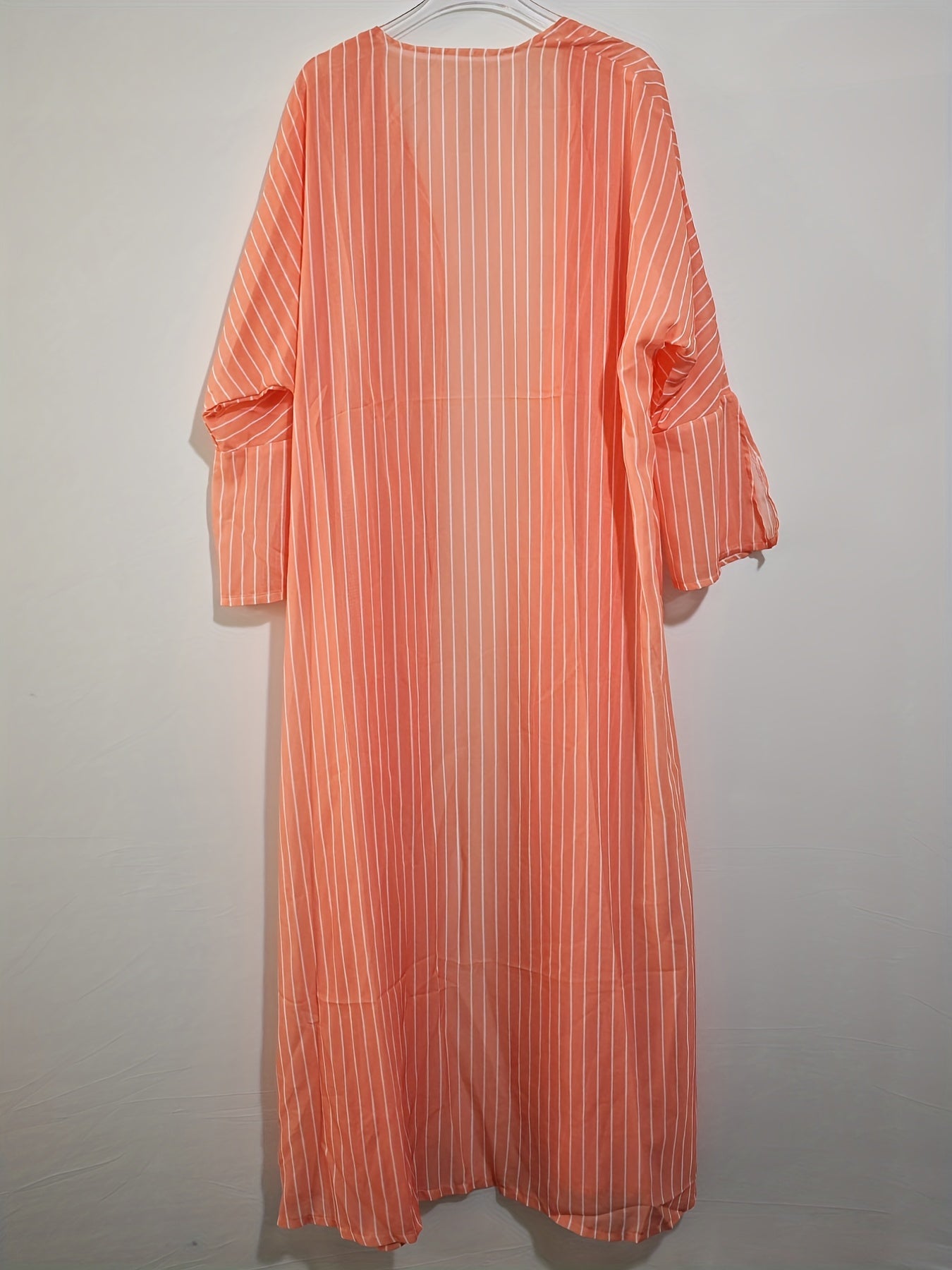Stripe Print Bell Sleeve Open Front Maxi Cardigan