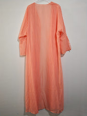 Stripe Print Bell Sleeve Open Front Maxi Cardigan