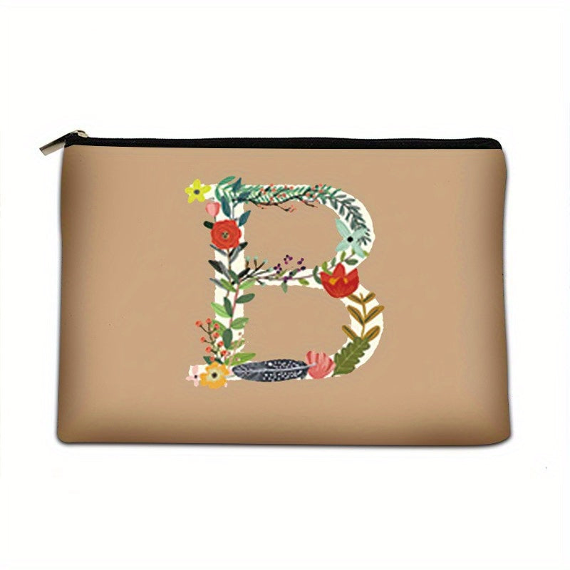 Floral Pattern Cosmetic Bag with Letter Detail Zipper