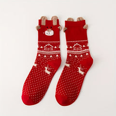 3 Pairs Elk Pattern Socks Comfy Christmas Mid Tube Women's Stockings