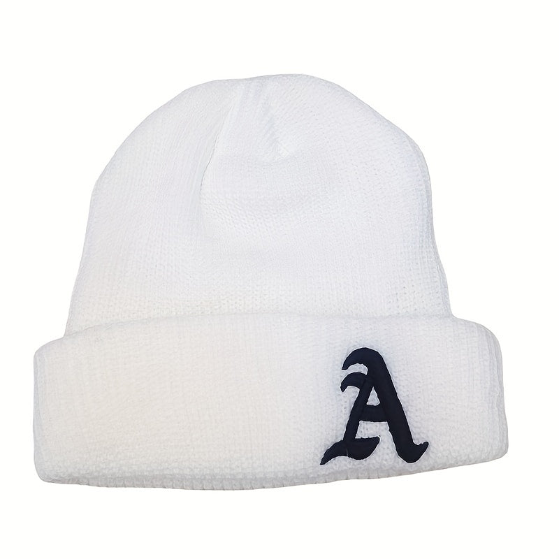 Windproof Knit Beanie Hat Embroidered with Letter A
