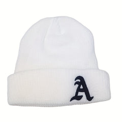 Windproof Knit Beanie Hat Embroidered with Letter A