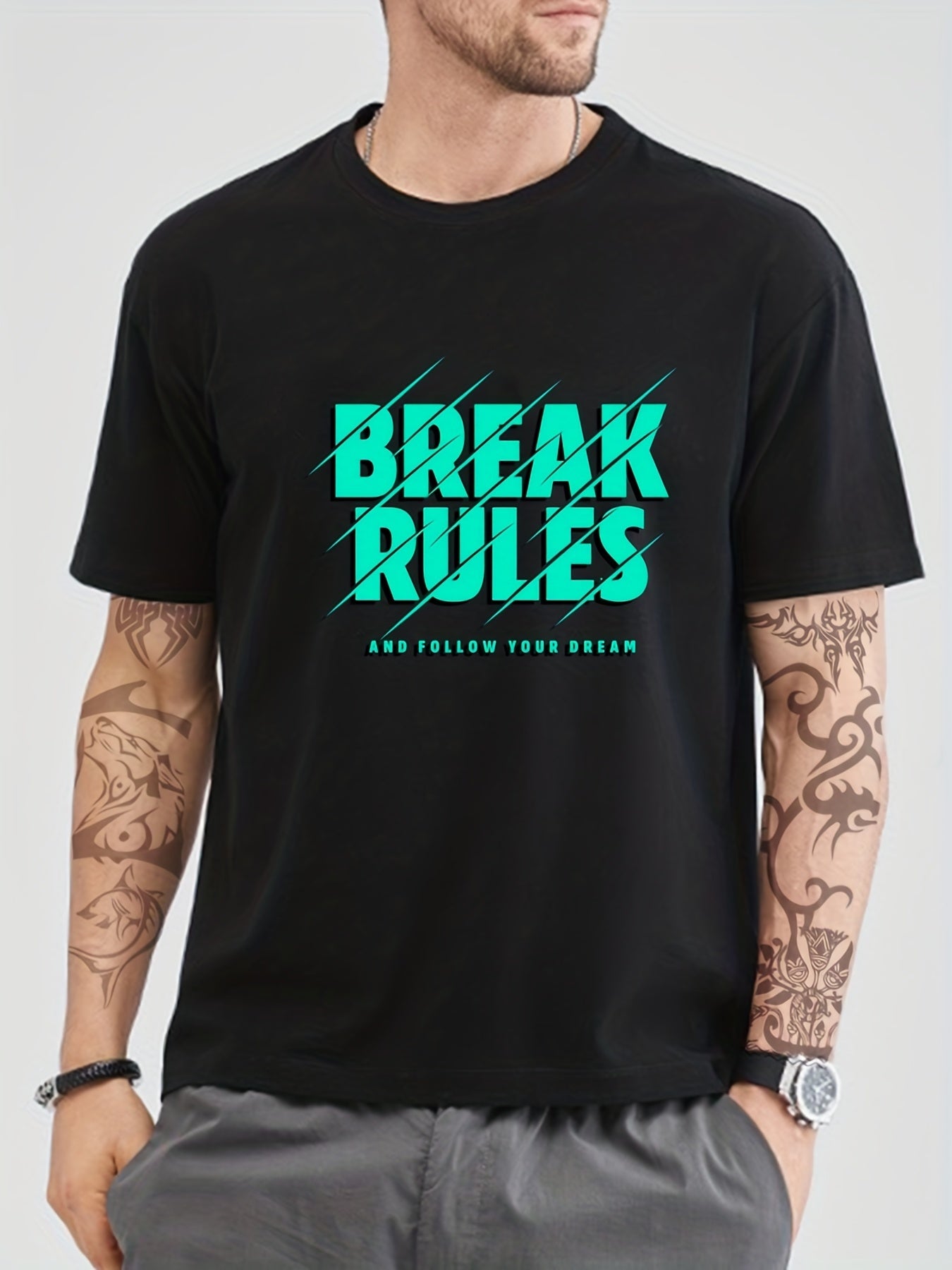 Solid Cotton BREAK RULES Print Men's Graphic Crew Neck T shirt